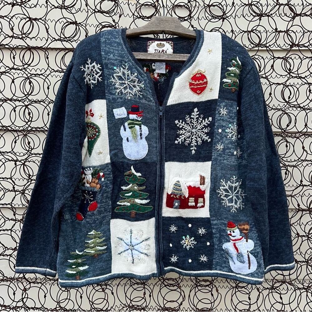 Vintage Y2K Tiara Ugly Christmas Winter Cardigan Sweater Patch Sampler Blue MED